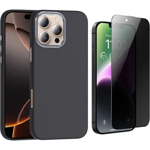 iPhone 16 Pro Max Kılıf Magsafe Şarj Özellikli Karbon Fiber Görünümlü Zore Gros Kapak + Hayalet Ekran Koruyucu