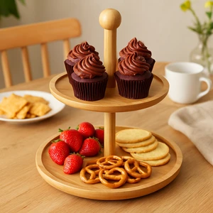 Iki Katlı Bambu Sunumluk - Kurabiyelik Ikramlık Kahvaltı Sunumluk - 2 Katlı Bambu Sunumluk Yuvarlak