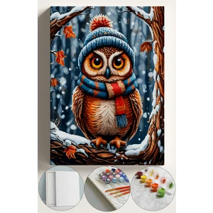 Sayılarla Boyama Çerçeveli Hobi Seti Numaralı Tuval Fırça Boya Dahil Kasnaklı 40X50 cm Kış ve Baykuş