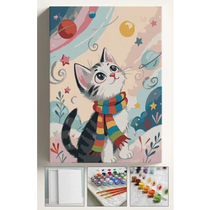 Sayılarla Boyama Çerçeveli Hobi Seti Numaralı Tuval Fırça Boya Dahil Kasnaklı 40X50 cm Kış ve Kedi