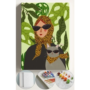 Sayılarla Boyama Çerçeveli Hobi Seti Numaralı Tuval Fırça Boya Dahil Kasnaklı 40X50 cm Komik Kedi