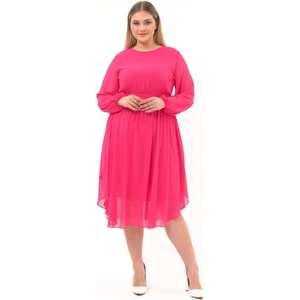 Kadın Fuşya Bisiklet Yaka Uzun Kol Detaylı Midi Boy Şifon elbise 4466/120