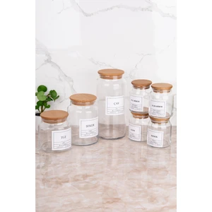 Moda Ozy 7'li Ahşap Kapaklı Vakumlu Cam Çay/şeker/tuz ve Nane/kekik/pulbiber/karabiber Kavanozu Seti