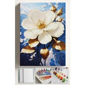 Sayılarla Boyama Çerçeveli Hobi Seti Numaralı Tuval Fırça Boya Dahil Kasnaklı 40X50 cm Mavi Gold Çiçek