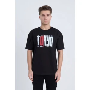 Erkek Oversize Siyah Desenli Tokyo T-Shırt