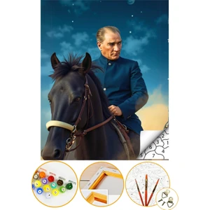 Sayılarla Boyama Numaralı Tuval Seti Fırça Boya Dahil 40X50CM - Atatürk At Üstünde