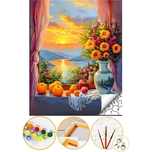 Sayılarla Boyama Numaralı Tuval Seti Fırça Boya Dahil 40X50CM - Gün Batımı Çiçekli