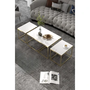 Orta Sehpa-Zigon Yan Sehpa Flora Set Altın Beyaz