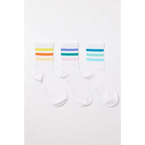 Çocuk Renkli Şeritli 3'lü Paket Soket Çorap Beyaz