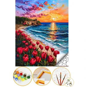 Sayılarla Boyama Numaralı Tuval Seti Fırça Boya Dahil 40X50CM - Kırmızı Çiçekli Sahil