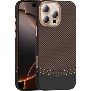 Gökmen Aksesuar Apple iPhone 16 Pro Max Kılıf Magsafe Şarj Özellikli Karbon Fiber Görünümlü Gkm Gros Kapak - Gold-Siyah