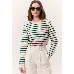 Çizgili Uzun Kol Regular Fıt Tshırt Yeşil