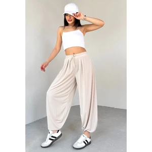 PNT-07413 Taş Rengi Modal Kumaş Paça Detaylı Şalvar Pantolon