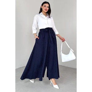 PNT-07411 Lacivert Çizgili Dokuma Şalvar Etek Pantolon