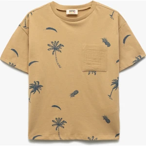 Palmiye Baskılı Kısa Kollu Bisiklet Yaka Pamuklu Tişört