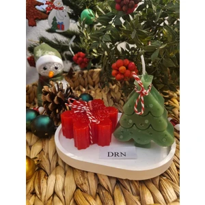 Yılbaşı Çam Ağacı ve  Kırmızı Kar Tanesi Kokulu Mum Seti, Sunum Tabaklı
