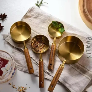 4 Adet Büyük Boy Paslanmaz Çelik Ahşap Saplı Ölçü Kaşığı Seti Ölçü Kabı 60ML 80ML 125ML 250ML