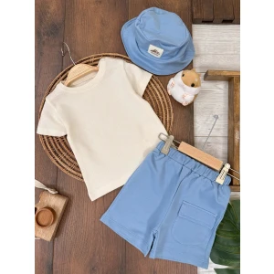 Kids Kingdom Mavi Renk Şapkalı Şortlu Bebek Takım Cep Detaylı Şapkalı Bisiklet Yaka Erkek Bebek Takım