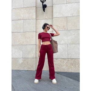 Şıklık Durağı Kaşkorse Dokuma Pamuk Kumaş Bisiklet Yaka Kısa Kollu Crop Bluz & Bol Paça Yüksek Bel 2'li Alt Üst Takım Kadın Bluz