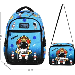 Lisanslı Siyah Mavi Astronot Desenli Erkek Çocuk Ilkokul Sırt Çantası ve Beslenme Çantası