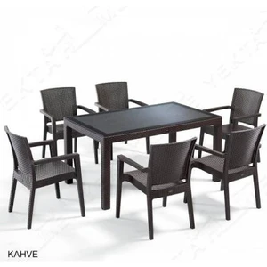 Rattan Efektli Camlı Masa Takımı 6 Kişilik Kahverengi Y572