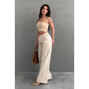 Bej Beli Büzgülü Wide Leg Kumaş Pantolon MG1950