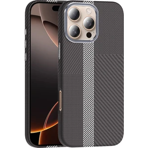 Apple iPhone 16 Pro Max Kılıf Magsafe Şarj Özellikli Karbon Fiber Görünümlü Otnv Gros Kapak - Gri-Siyah