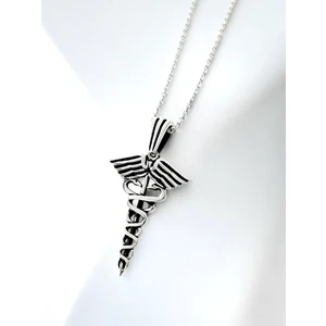 Alaja Silver Tıpçı Tıp Sembolü Kadüse Parlak Unisex Tasarım 925 Ayar Gümüş Kolye