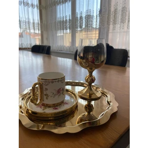 Sun Inox  Store 6 Adet Yuvarlak Model Gold Dekoratif Çay Kahve Sunum Tepsisi