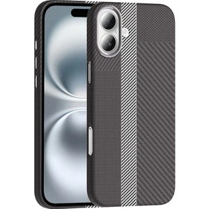 Nova Global Apple iPhone 16 Kılıf Magsafe Şarj Özellikli Karbon Fiber Görünümlü Nvg Gros Kapak - Gri-Siyah
