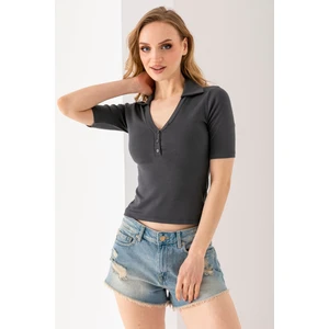 Kadın Polo Yaka Kısa Kollu Düğmeli Body Antrasit - MS0000561