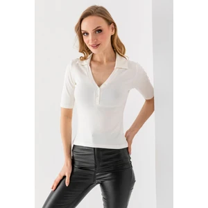 Kadın Polo Yaka Kısa Kollu Düğmeli Body Beyaz - MS0000561