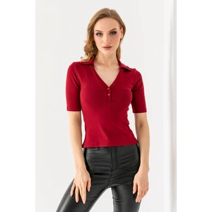 Kadın Polo Yaka Kısa Kollu Düğmeli Body Bordo - MS0000561