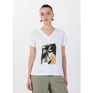 V Yaka Baskılı Beyaz Kadın T-Shirt F5SL-TST0455