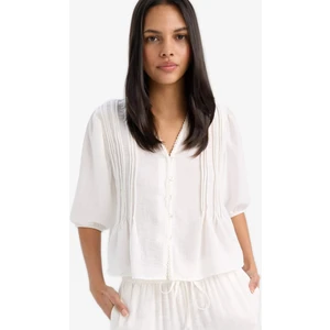 Relax Fit V Yaka Giperli Keten Görünümlü Kısa Kollu Gömlek F3473AX25SP