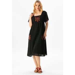 Kısa Kol Şile Bezi Melek Midi Boy Yazlık Otantik Elbise Siyah Syh