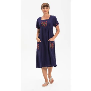 Kısa Kol Şile Bezi Melek Midi Boy Yazlık Otantik Elbise Lacivert Lcvt