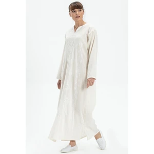 Uzun Kol Şile Bezi Simli Kaftan Midi Boy Yazlık Elbise Krem Krm