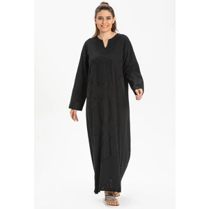 Uzun Kol Şile Bezi Simli Kaftan Midi Boy Yazlık Elbise Siyah Syh