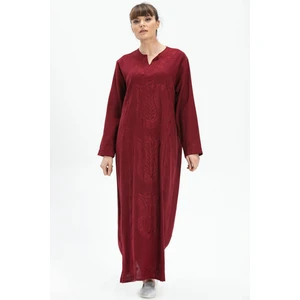 Uzun Kol Şile Bezi Simli Kaftan Midi Boy Yazlık Elbise Bordo Brd