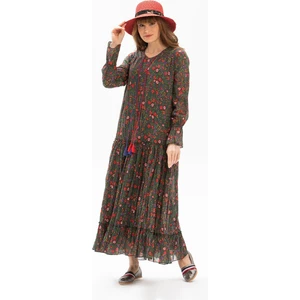 Uzun Kol Vual Gonca Uzun Yazlık Elbise Tomurcuk Desen Yeşil 6170