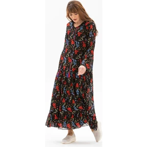 Uzun Kol Vual Gonca Uzun Yazlık Elbise Gelincik Desen Kırmızı Siyah Çizgili 6159