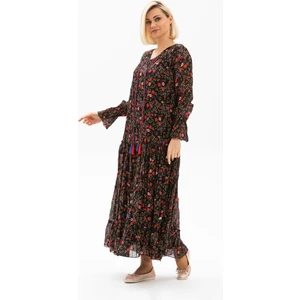 Uzun Kol Vual Gonca Uzun Yazlık Elbise Tomurcuk Desen Siyah 6162