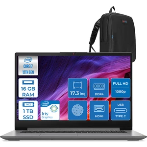 Ideapad 3 17IAU7 82RL00DTTX I7 1255U 16 GB 1tb SSD  Intel® Iris® Xe Graphics Windows 11 Home 17.3" Fhd IPS Taşınabilir Bilgisayar 82RL00DTTXH06 + Zettaçanta
