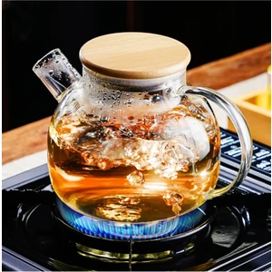 Isıya Dayanıklı Borosilikat Süzgeçli Cam Demlik (1000ML) Vakumlu Bambu-Metal Kapak, Teapot