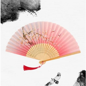 Yelpaze Bambu Kumaş Serinletici Vintage Pembe Bahar Dalı Şık Dekorasyon Püsküllü Japon Yelpaze 0426