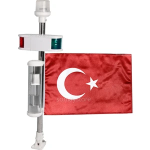 Marine Kombine Fenerli Bayrak Direği Reflektörlü 75 cm 12V LED 30 x 45 cm Saten Bayraklı