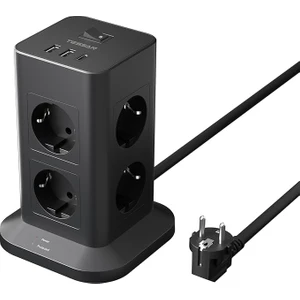 Akım Korumalı 8'li 2 Metre Type C ve Usb'li Grup Priz Siyah
