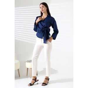 Saten Kruvaze Yaka Yandan Bağlamalı Gömlek Bluz