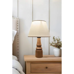 Wooder Masif Ahşap Ayaklı Abajur Konik Krem Başlıklı Masa Lambası Komodin Abajur